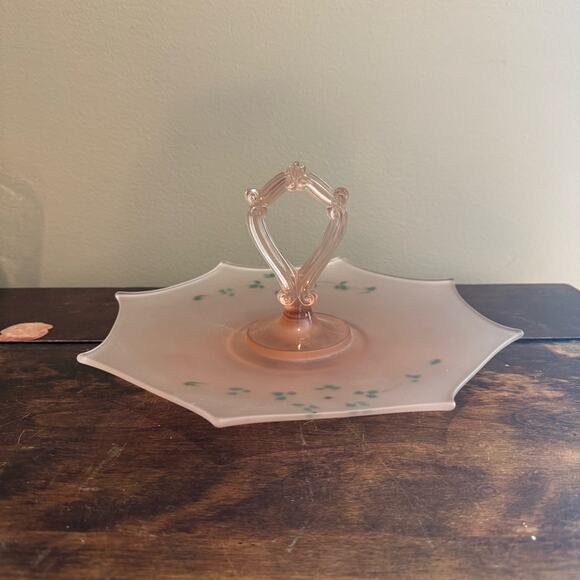 1930s Pink Depression Frosted Glass Handled Serving Tray Hand Painted Design - Picture 4 of 11